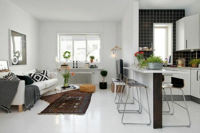 İskandinav tasarımı iç, beyaz zemin, etnik kilim, beyaz kanepe, mutfak düzeni fikri