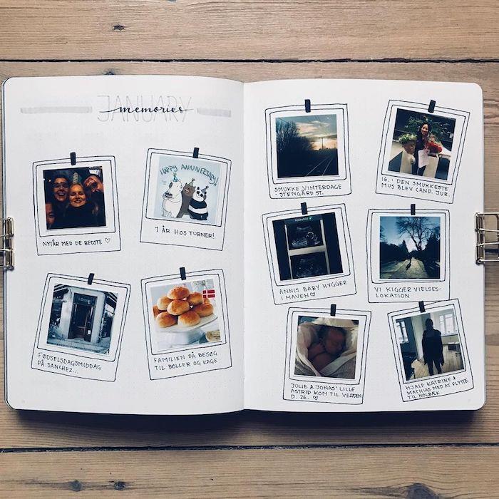 Albumas su draugų ir vietų nuotraukomis, prisiminimais apie sausį, kelionių dienoraščio puslapis, naudojami vaizdai