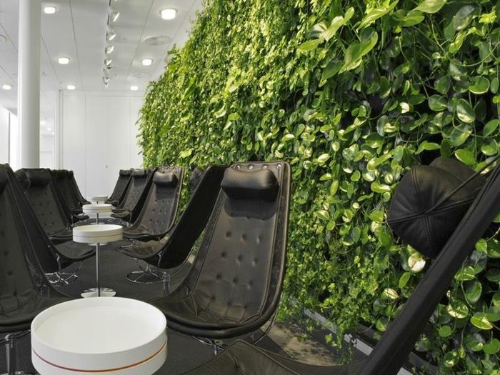vidinė žalia siena, juodos kėdės, baltos lubos, įleidžiamos lempos