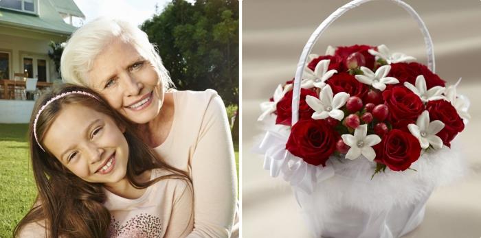 šopek rdečih in belih rož za babičin dan, fotografija babice z belimi lasmi in njene hčerke na travi