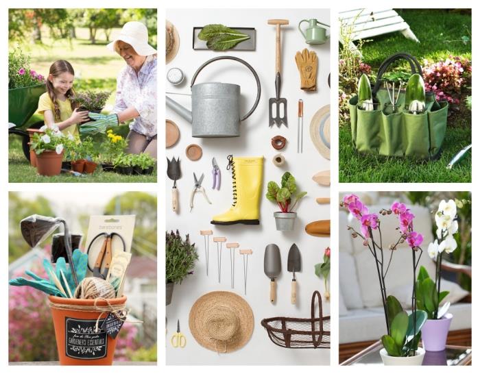 vnukinja z babico na vrtu, babičina darilna ideja z vrtnarskim orodjem in pripomočki, zalivalni komplet zelenih rastlin