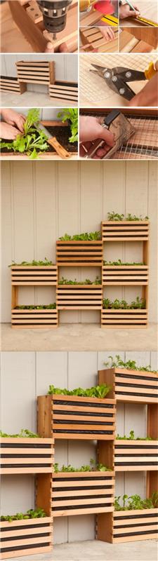pamoka pasigaminti padėklų sodintuvą patiems, asimetriška struktūra, gėlių dėžutės medinėse lentose, surinkti, žali augalai