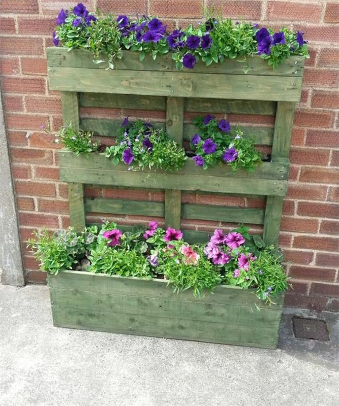 padėklų sodinukas perdažytas pasteline žalia spalva, gėlių dėžutė ir aplankas, violetinės ir rausvos gėlės, plytų siena