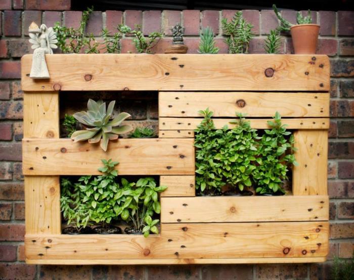 augalinė padėklų siena, pasidaryk pats padėklų sėjamoji, aromatinis sodas, sukulentai ir kiti žali augalai, plytų siena