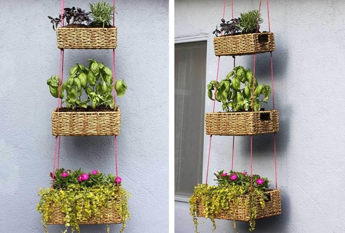 viseči sejalnik enostavna ideja za okrasitev balkona ali terase, narejena z lastnimi rokami, iz cvetličnega lonca iz recikliranih materialov v košarici za zelenjavo
