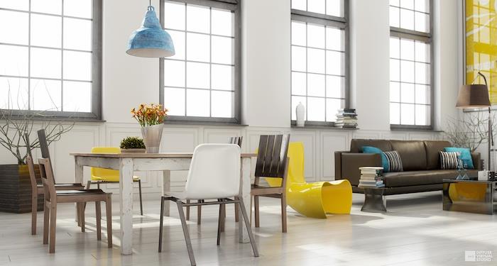 Oturma odanızı dekore eden uzun bir oturma odası modern bir deco oturma odası tasarlayın mavi avize deco mavi ve sarı oturma odası orijinal kombinasyonu