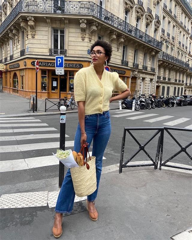 geltona liemenė ir mėlyni džinsai pirkiniai Paryžius moteris paauglė mergina drabužiai mano apranga grįžus į mokyklą šauni idėja swag drabužiai