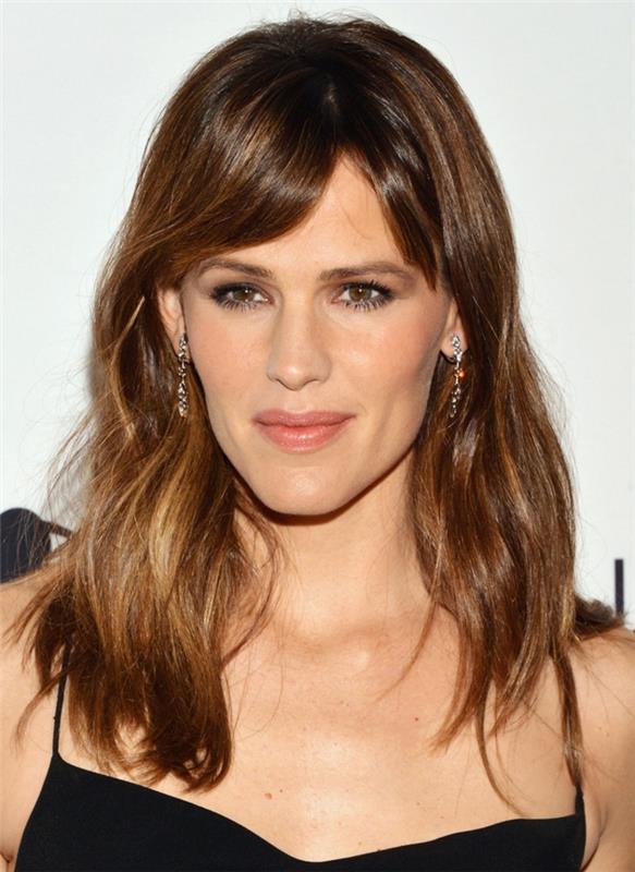 jennifer garner, dolgi lasje dolg obraz, rjavi lasje, šiška, moderna ženska frizura