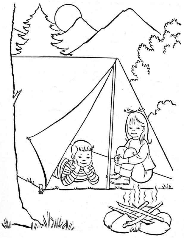 çocuk oyunu kamp doğa dağlar ateş kız ve erkek köknar ağaçları hake güneş ormanı ücretsiz yazdırılabilir yazdırılabilir yaz tatili boyama sayfaları