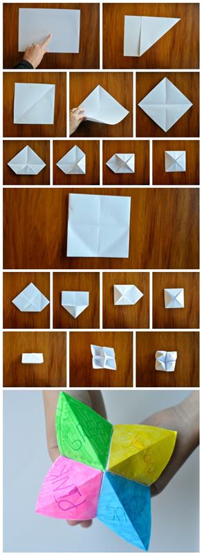 pamoka, kaip pasigaminti įvairiaspalvį origami kepimo indą ir tada žaisti būrėją, idėja apie originalų origami užsiėmimą, kad linksmintų vaikus