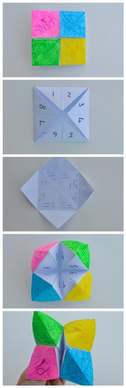pamoka, kaip pasigaminti įvairiaspalvį origami kepimo indą ir tada žaisti būrėją, idėja apie originalų origami užsiėmimą, kad linksmintų vaikus