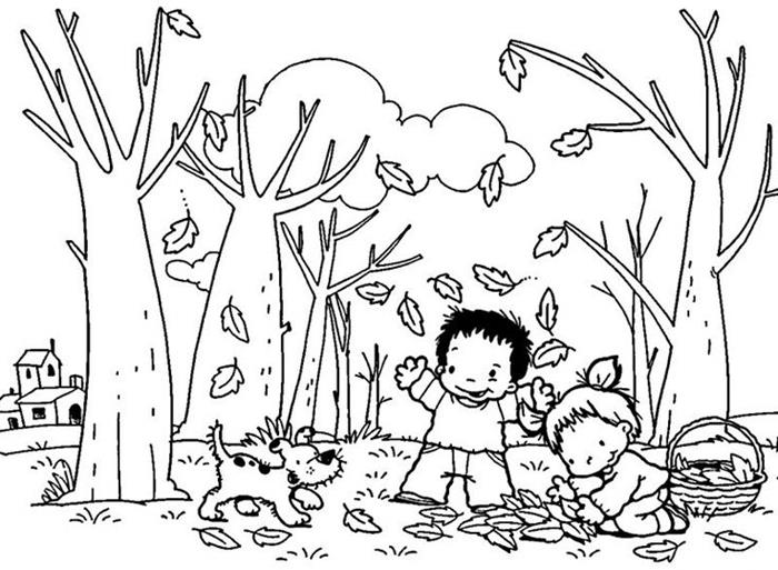 vaikų žaidimai kolekcionuojant džiovintas rudens gėles mažas šuo dažantis kraštovaizdžio sezoną medžiai palieka berniuko mergaitės draugystę