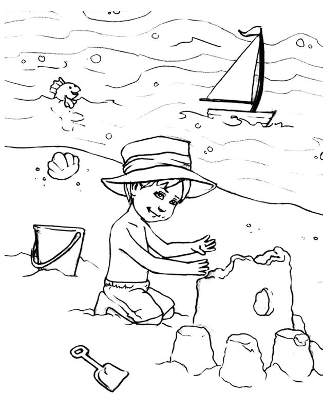 çocuk oyunları plaj yaz tatili illüstrasyon tekne deniz balığı kum oyuncaklar plastik kova kumdan kale çocuk için kolay çizim