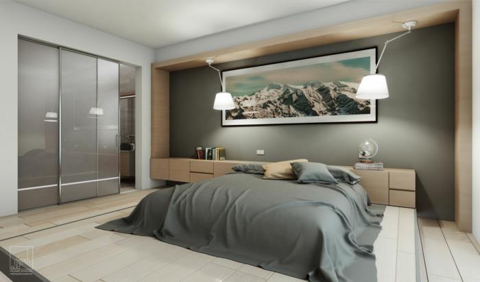 lesena deska, lesena nočna omarica, siva stena, postelja na tleh, svetlo siv strop