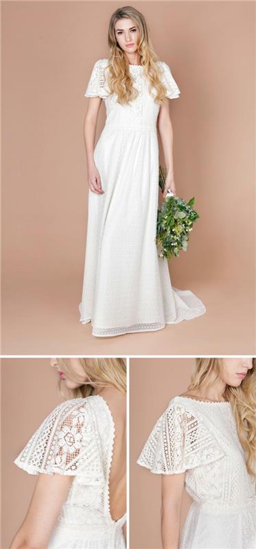 boho prašmatnaus stiliaus vestuvinė suknelė, tekančios trumpos rankovės, laisvi plaukai, didelė miško puokštė