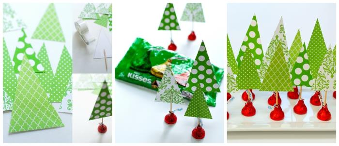 Božično drevo, božična drevesca s čokoladnimi bonboni, zobotrebci in trakom