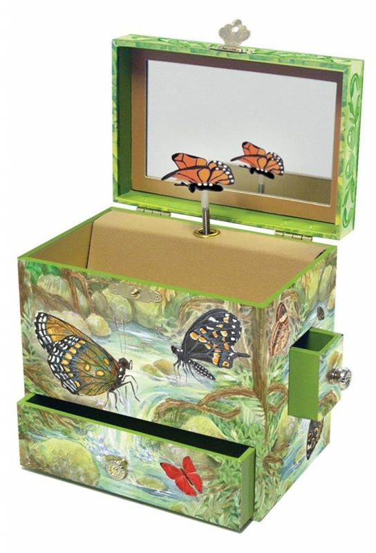 lepa-glasbena-nakit-škatla-z-balerino-škatla-lesa-metulji-ogledalo-zelena-škatla