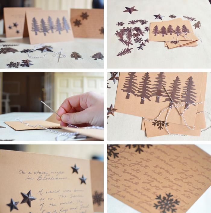 Noel temasında boş bir kartpostal süsleme eğitimi, iplik ve kağıt ağaçlarıyla Noel kartı süsleme tekniği