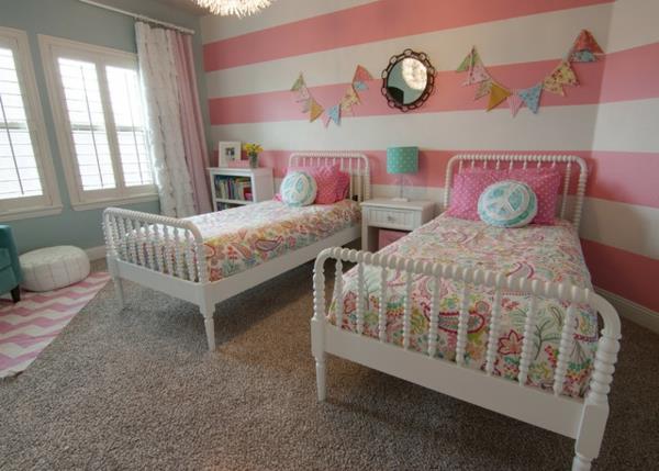 iki kız-yatak odası-ikiz-mobilya için güzel-gri-pembe-kombinasyonu