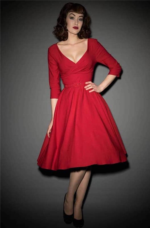 Orta uzun kollu kırmızı elbise, 50'ler modasında nasıl giyinilir, 50'ler kıyafeti, şık bir kadın olun