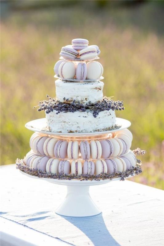 Gražiausias pyragas pasaulyje, gabalas, sumontuotas su levandų makaronais ir dviem klasikinio torto sluoksniais, torto įvaizdis, vestuvių torto temos idėja