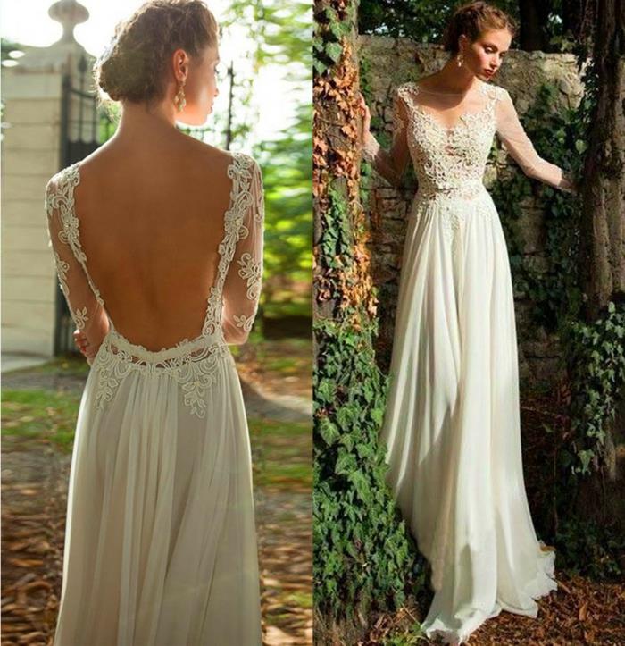 vestuvinė suknelė be nugaros, platėjantis ilgis, ilgos rankovės, maxi suknelė