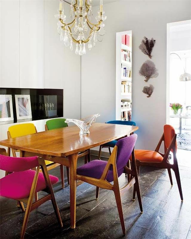 güzel-çağdaş-yemek odası-tam-çağdaş-renkli-sandalyeler
