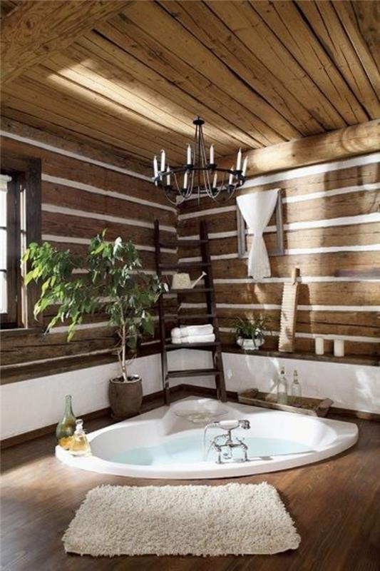 gražus vonios kambarys-zen-siena-su medinėmis grindimis, įmontuota vonia-balta-smėlio spalvos kilimas