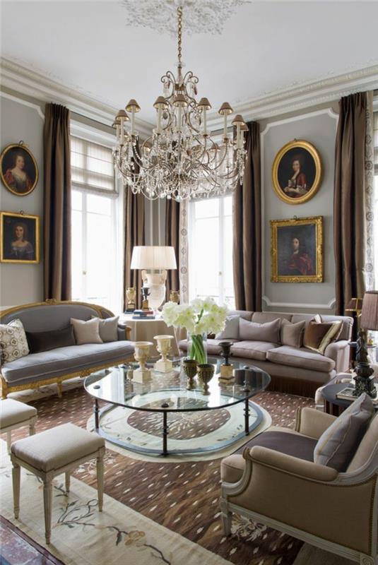 lepa-baročna-okrogla steklena miza-za-moderno-dnevno sobo-kristal-lestenec-beli strop