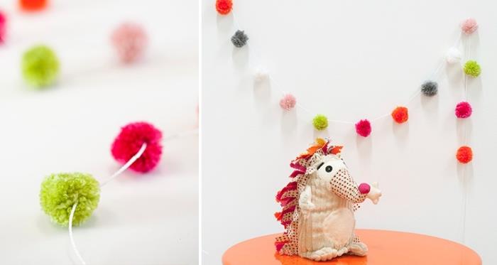 kirpi şeklinde farklı renklerde kumaştan yapılmış küçük yorgan, ponpon çelenkli çocuk odası dekoru