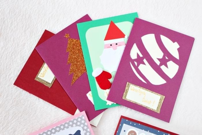 Kendin Yap anaokulu Noeli, renkli kağıttan el yapımı Noel kartı şablonları, bir kartpostalın nasıl süsleneceğine dair fikir