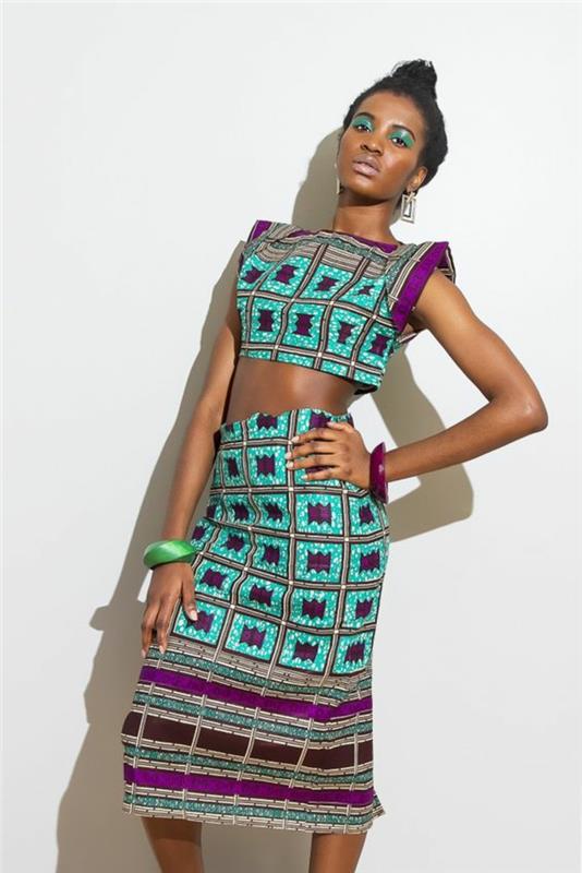 Afriška dvodelna obleka, brez rokavov v pastelnem in fuksija levu, dolga obleka pod koleni, kvadratni vzorci, slog pop arta
