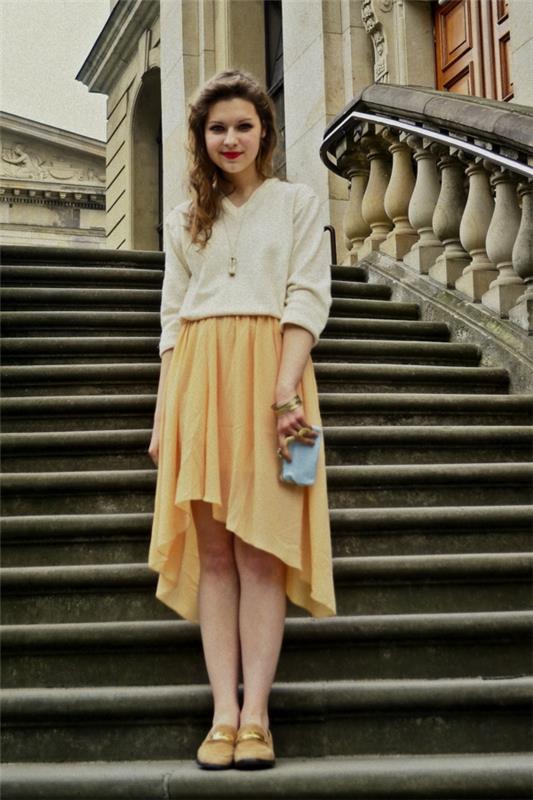 asimetriškas-geltonas-romantiškas-aprangos sijonas