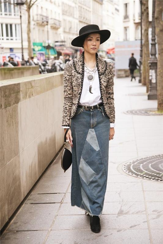 Ideja elegantnega ženskega videza v denim krilu, primer nošenja zimskega jeans krila, zimskih ženskih modnih dodatkov