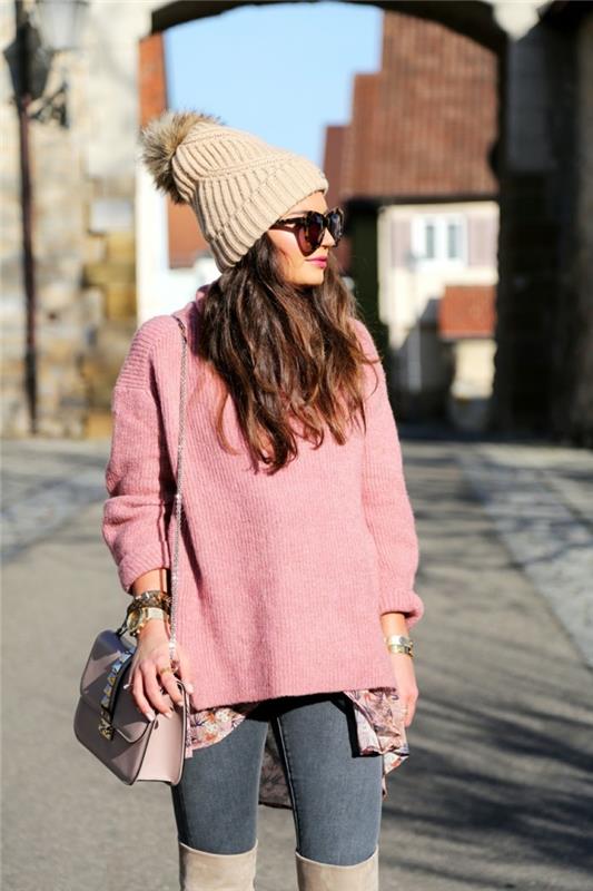 denim-krilo-zimska-elegantna-obleka-ženska-roza-pulover-jean-klobuk