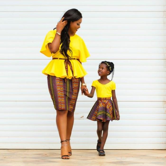 bluze v rumeni barvi za mamo in hčerko, krila z afriškimi vzorci, ravno krilo za mamo in krilo tipa lambada za malega, voščena oblačila, afriška moda