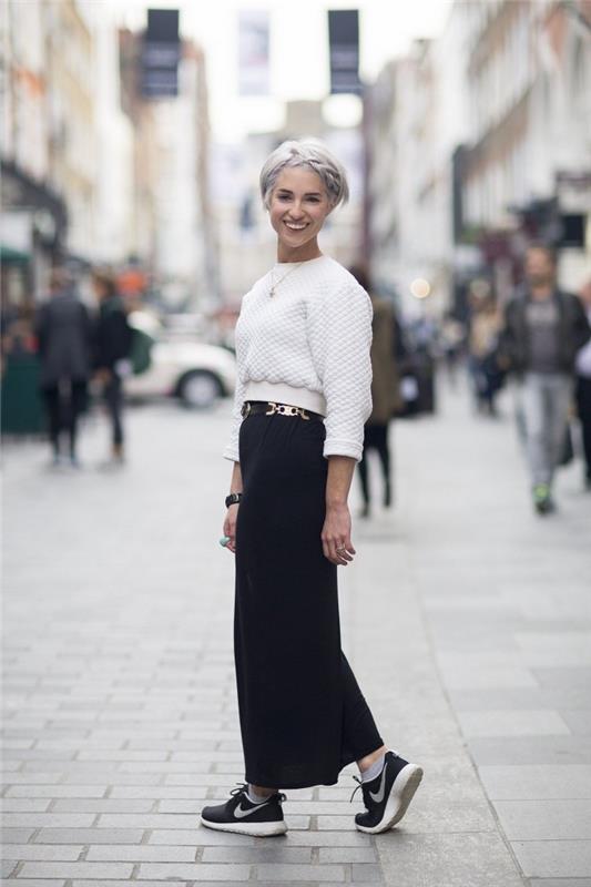 eleganten zimski videz za ženske, kako nositi dolgo črno krilo z belim puloverjem, trendovska zimska oblačila za ženske