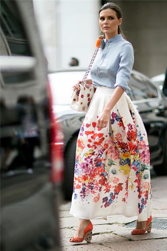 sijonas su aukštu juosmeniu, platus, gėlių atspaudai, stilingi džinsiniai marškiniai, gėlių rašto krepšys