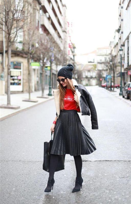 plisuotas sijonas-žvaigždžių stiliaus-gatvės stiliaus juodas-klostuotas sijonas