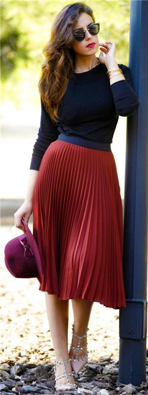 plisuotas sijonas-raudonas-vidutinio ilgio-aukšto juosmens sijonas