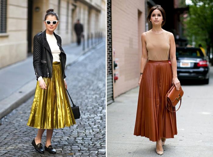 platėjantis sijonas su aukštu juosmeniu, auksinis arba rudas klostuotas sijonas, nuogos spalvos viršus