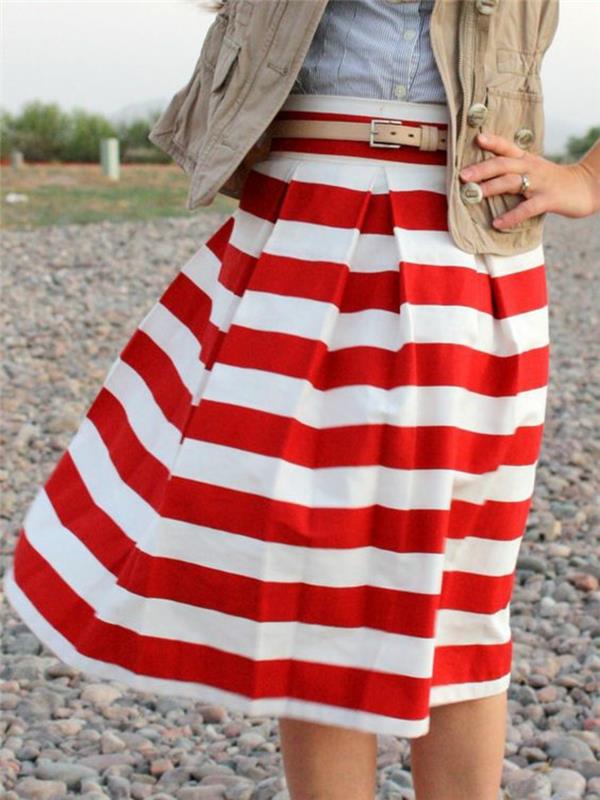 ilgas A linijos sijonas su raudonomis ir baltomis horizontaliomis juostelėmis