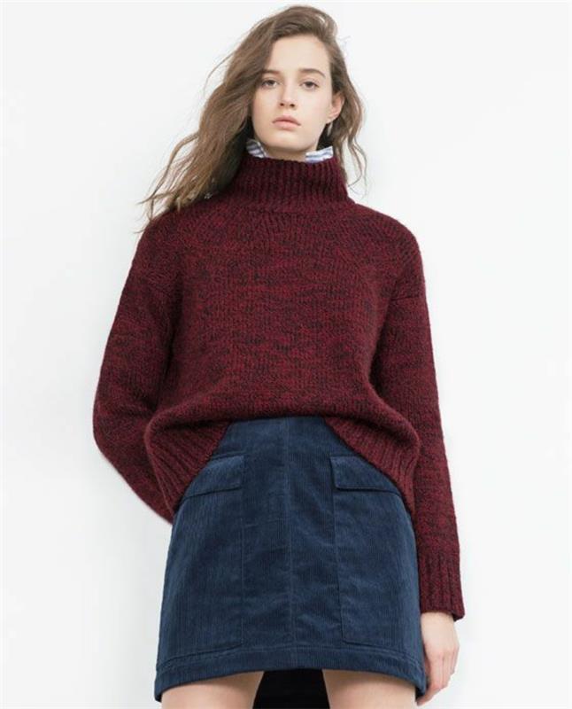 „Zara“ mėlyno aksomo trapecijos sijonas su storu bordo spalvos megztiniu