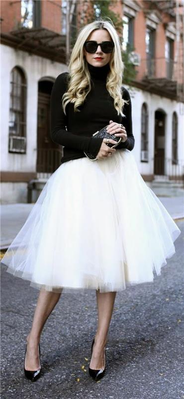 obleka-tutu-ženska-elegantna-črna-črpalke-črna-bluza