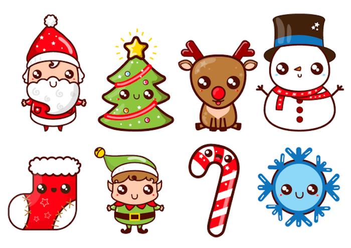 Noel Baba kawaii çizimi, kolay çizim noel baba, tatil çizimleri, noel ağacı güzelce dekore edilmiş kawaii çizimleri