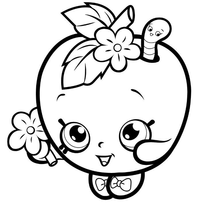 risba jabolka kawaii za tiskanje za barvanje, jabolko kawaii s cvetjem v roki in gosenico v notranjosti
