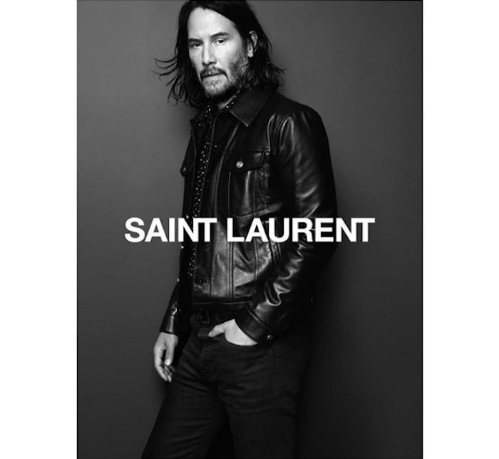 nuotrauka Keanu Reeves, skirta „Saint Laurent“ 2019 m. rudens žiemos „Instagram“ kampanijai su juoda odine striuke ir taškeliais