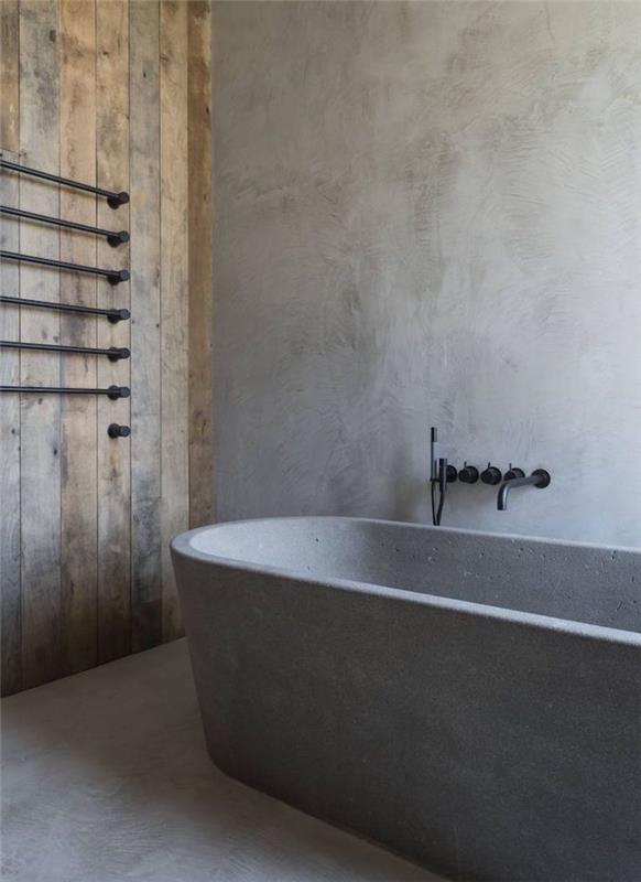 ahşap ve çimento duvarlı banyo ve cilalı beton küvet ada tasarımı