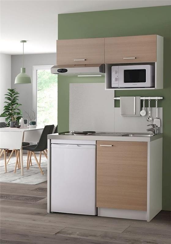 stüdyo için mini mutfak mutfak dekorasyonu yeşil duvar boyama mobilya uzun açık ahşap yemek odası beyaz ve mat siyah