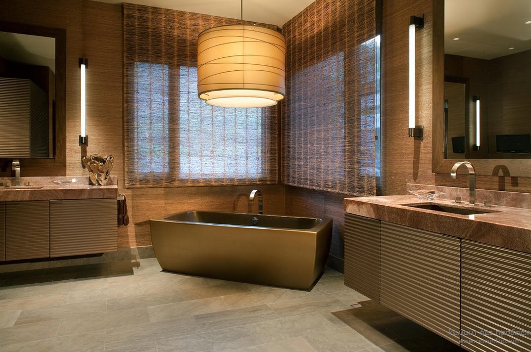Įspūdingas rudos spalvos vonios kambario interjeras